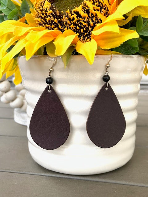 REAL LEATHER STERLING SILVER EARRINGS WITH 6MM OR 8MM SHUNGITE BEAD