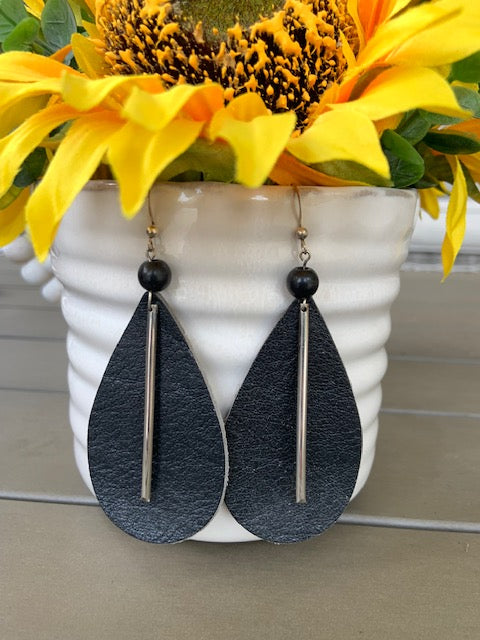 REAL LEATHER STERLING SILVER EARRINGS WITH 6MM SHUNGITE BEAD & S.S. BANGLE