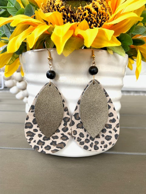 REAL LEATHER & GOLD FILLED EARRINGS WITH 8MM SHUNGITE BEAD