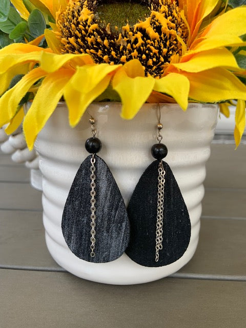 REAL LEATHER & STERLING SILVER EARRINGS WITH 8MM SHUNGITE BEAD W/SS CHAIN DANGLES