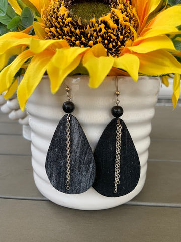 REAL LEATHER STERLING SILVER EARRINGS WITH 6MM OR 8MM SHUNGITE BEAD AND SS CHAIN