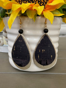 REAL LEATHER & GOLD FILLED EARRINGS WITH 8MM SHUNGITE BEAD