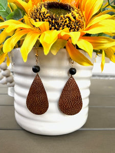 REAL LEATHER & GOLD FILLED EARRINGS WITH 8MM SHUNGITE BEAD