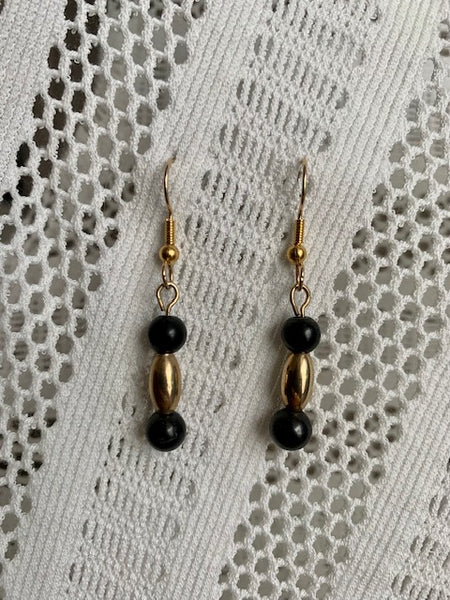 STERLING SILVER MELON BEAD AND GOLD FILLED BARREL EARRINGS WITH 6MM SHUNGITE BEAD