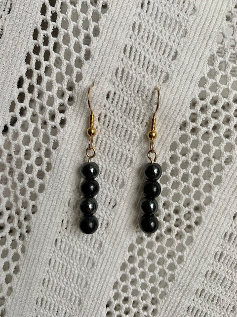 14 KT GOLD FILLED  EARRINGS WITH 6MM SHUNGITE BEADS & HEMATITE ACCENTS