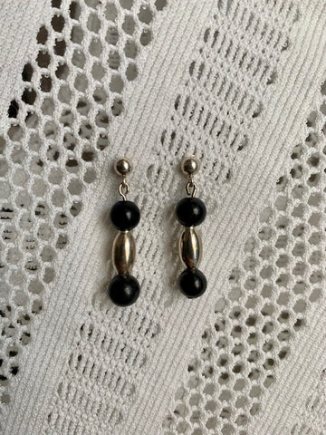 STERLING SILVER MELON BEAD AND GOLD FILLED BARREL EARRINGS WITH 6MM SHUNGITE BEAD