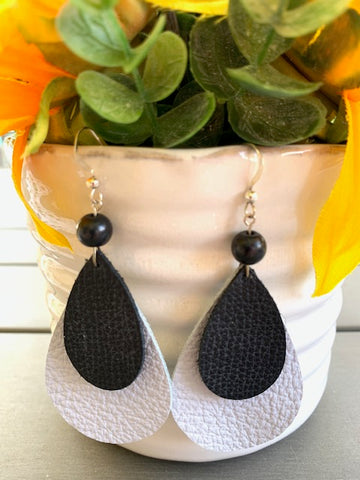 REAL LEATHER & STERLING SILVER EARRINGS WITH 8MM SHUNGITE BEAD