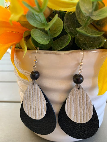 REAL LEATHER & STERLING SILVER EARRINGS WITH 8MM SHUNGITE BEAD