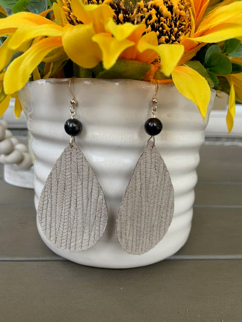 REAL LEATHER & STERLING SILVER EARRINGS WITH 8MM SHUNGITE BEAD