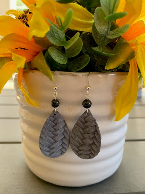 REAL LEATHER & STERLING SILVER EARRINGS WITH 6MM SHUNGITE BEAD