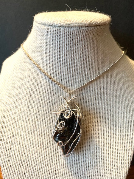 ELITE WIRE WRAPPED SHUNGITE PENDANT, STERLING SILVER SETTING