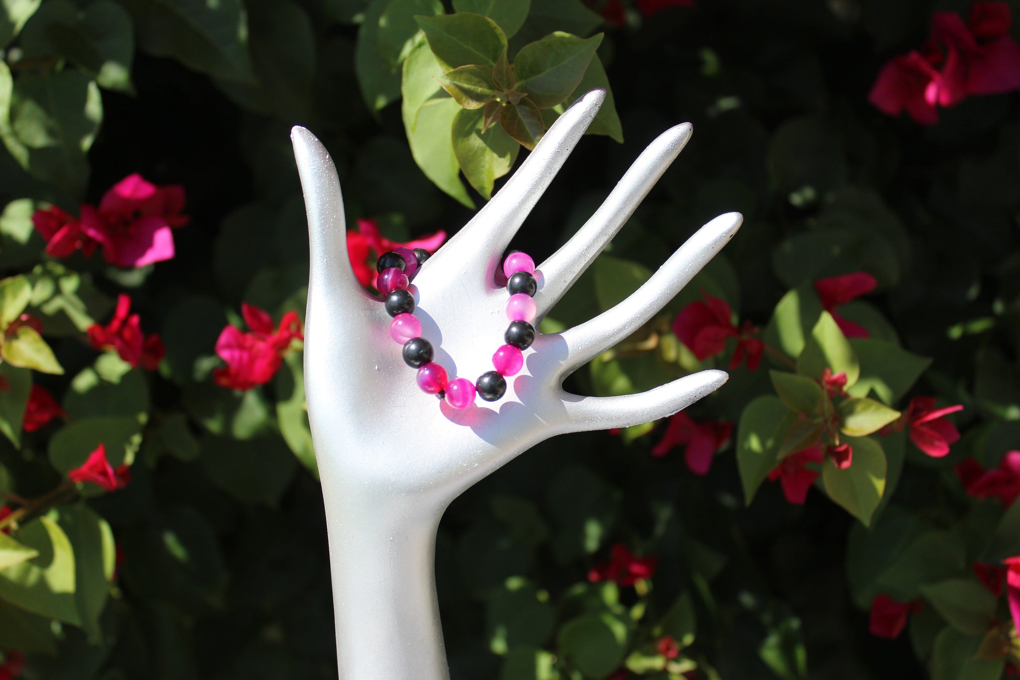 SHUNGITE BRACELET WITH DYED PINK AGATE & ELASTICIZED, FOR EMF PROTECTION